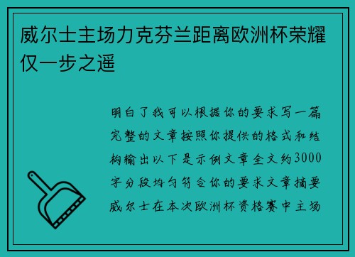 威尔士主场力克芬兰距离欧洲杯荣耀仅一步之遥 威尔士主场力克芬兰距离欧洲杯荣耀仅一步之遥