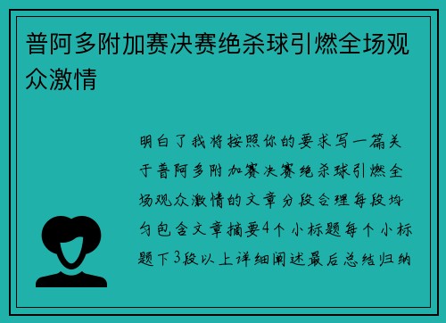 普阿多附加赛决赛绝杀球引燃全场观众激情
